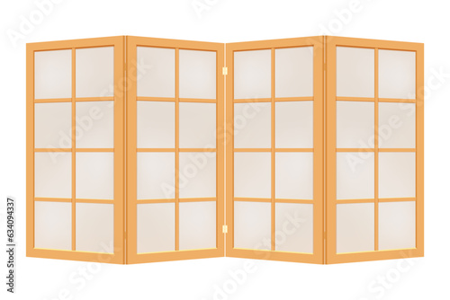 Beige wooden folding screen with frosted glass or paper to divide the room  as a decor. Four-fold paravan in asian style