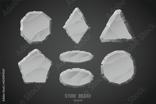 Stone menu board, rock button, gray stone banner, stone ui element