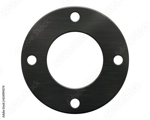 Round black rubber gasket with a four small and one large circular holes and texture. Insulation of pipelines and cars in flanged connections