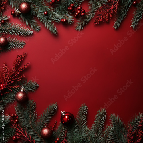 Christmas composition. Christmas red decorations, fir tree branches on red background. Flat lay, top view, copy space, made by ai
