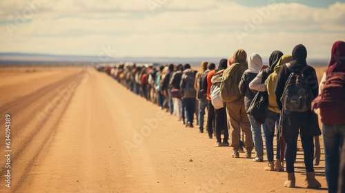 Fotografia A queue of refugees at the border.