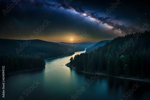 Experience the captivating allure of a river flowing through a forest under the embrace of a nighttime sky - AI Generative