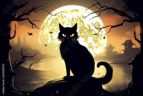 Black cat on the background of the moon in the style of drawing or illustration as symbol of superstition. AI generated