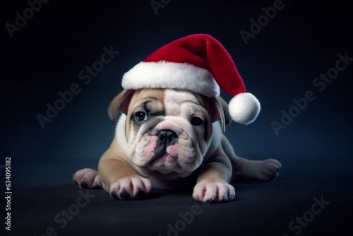Cute puppy in Santa Claus hat or christmas red cap. Bulldog dog. AI generated, human enhanced © top images