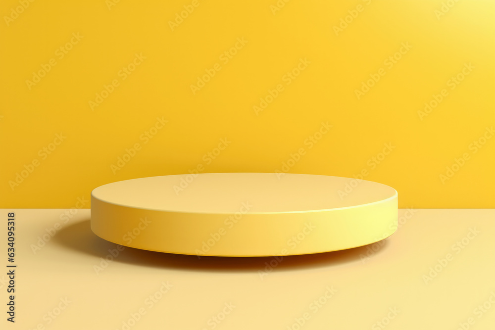 A yellow round podium with a minimalist design and a yellow background is used for mock up presentations, providing an attractive and elegant display for the products. A yellow round podium with a minimalist design and a yellow background is used for mock up presentations, providing an attractive and elegant display for the products.