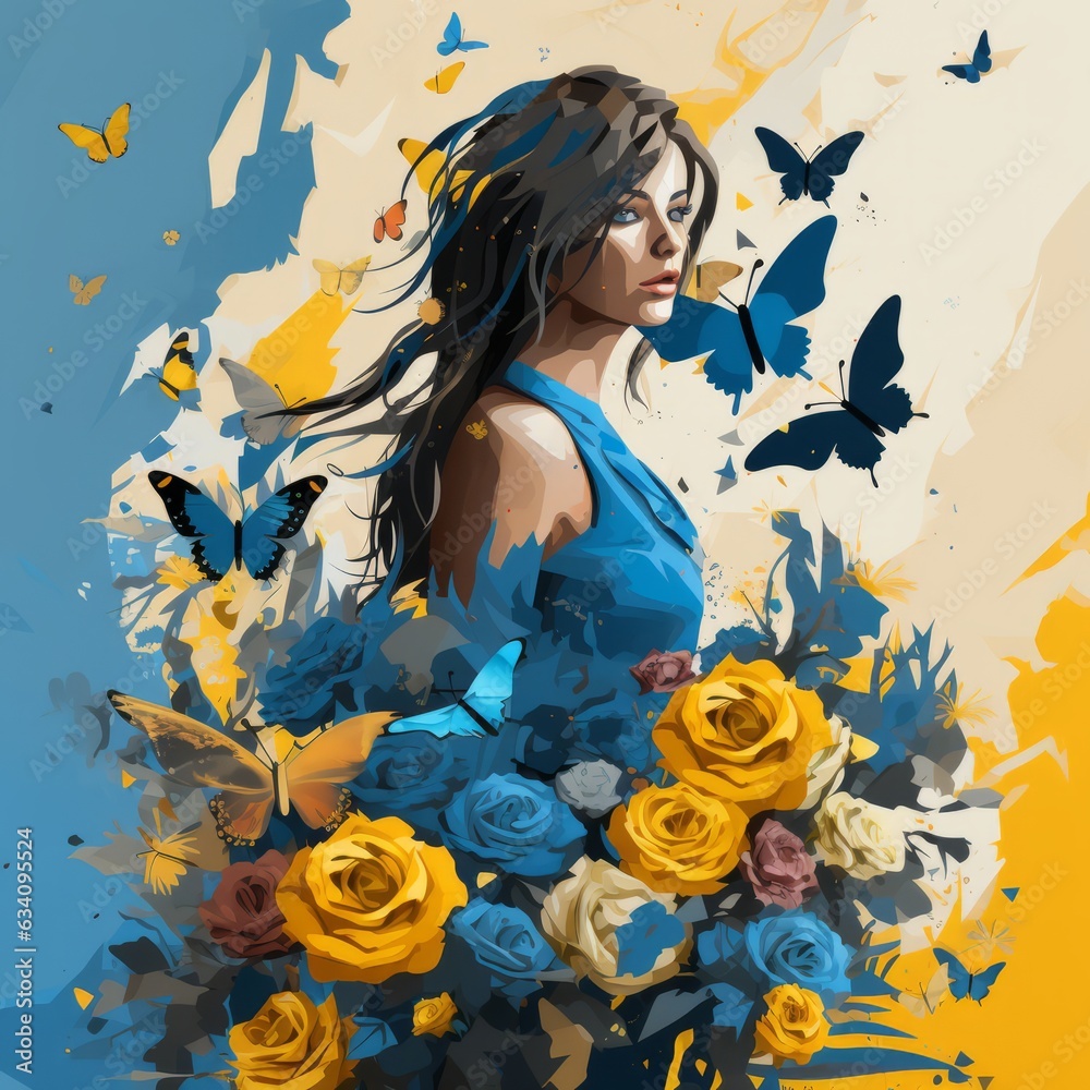 Ukrainian brunette woman in flowers with butterflies on the blue and yellow background vector art