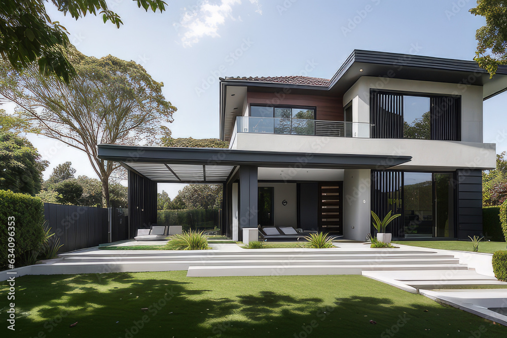  A view from the outside of a stylish building. With modern architecture .modern house in the garden