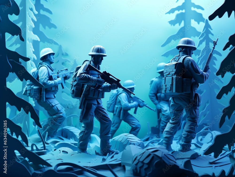 Fototapeta premium Low poly soldier in a blue forest atmosphere. 3D soldiers are operating and patrolling in the jungle. 