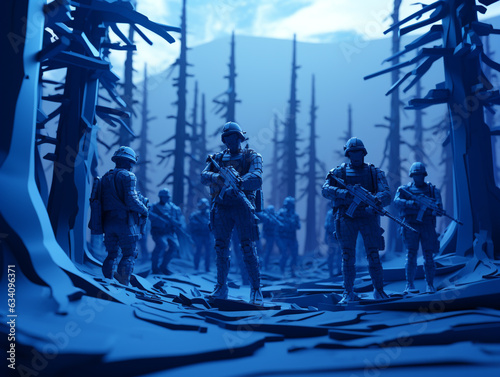 Low poly soldier in a blue forest atmosphere. 3D soldiers are operating and patrolling in the jungle. 