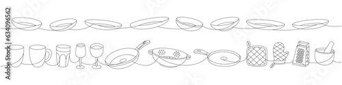Kitchen utensils one line continuous drawing. Ceramic plates, mug, wineglass, frying pan, colander, kitchen mitten, rolling pin one line illustration.