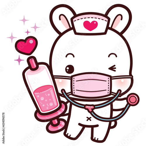 Cute little rabbit in nurse in uniform with a stethoscope around his neck and holding syringe