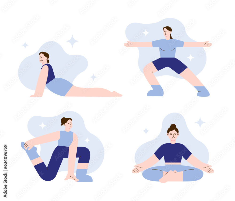 The concept of a healthy lifestyle. Women practicing yoga. Health care active lifestyle and sports. Set of cartoon flat vector illustrations The concept of a healthy lifestyle. Women practicing yoga. Health care active lifestyle and sports. Set of cartoon flat vector illustrations