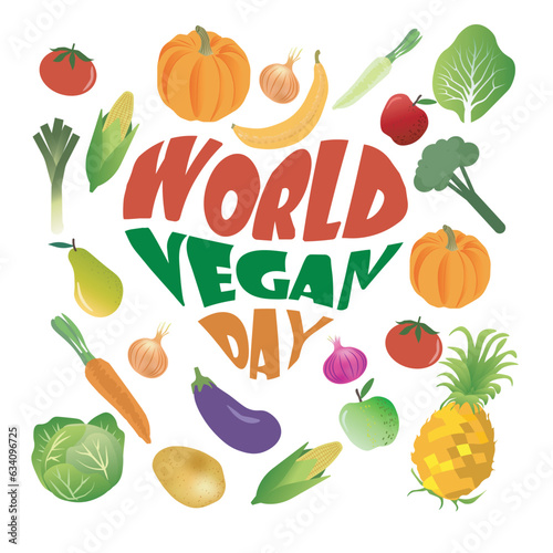 World Vegan Day. Illustration of the phrase in the shape of a heart. Vectors isolated on transparent background.