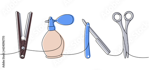 Hairdresser tools one line colored continuous drawing. Hair straightener, perfume sprayer, razor blade, scissors continuous one line illustration.