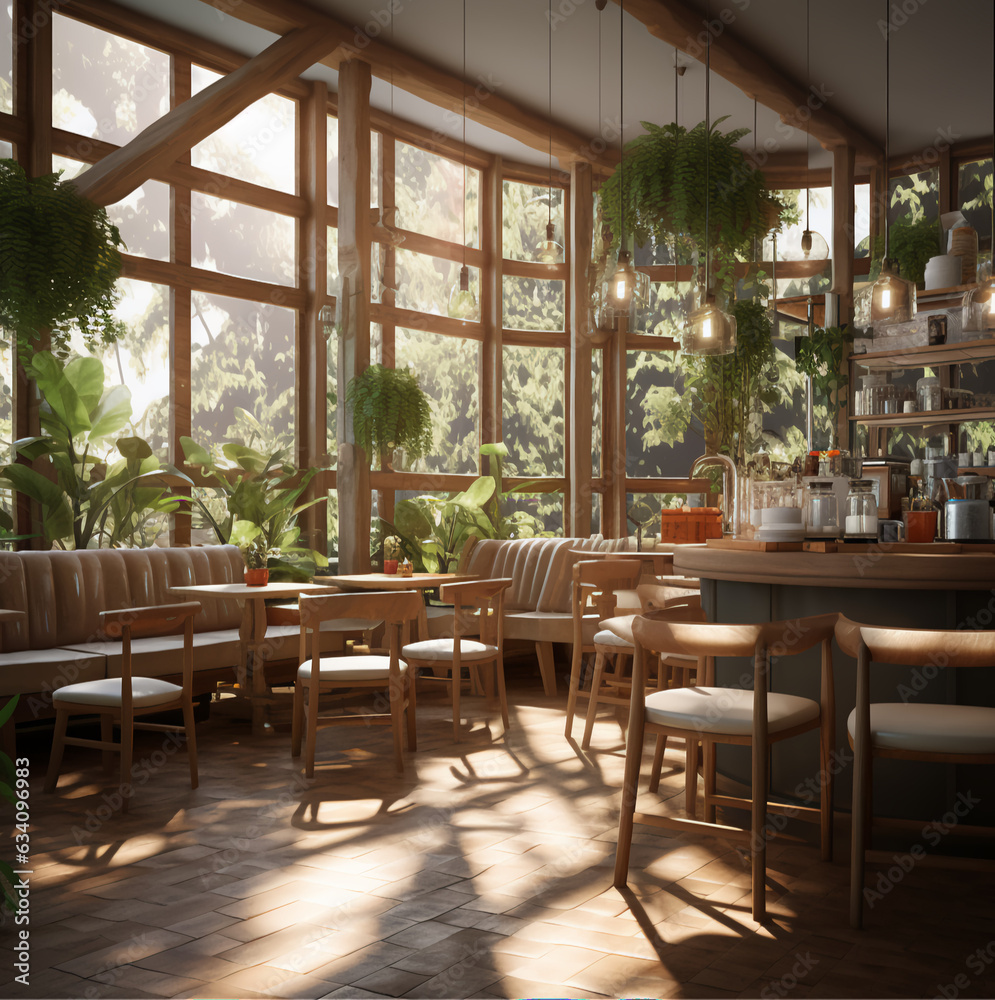 Obraz premium Picture of an empty cafe shop, tables and chairs