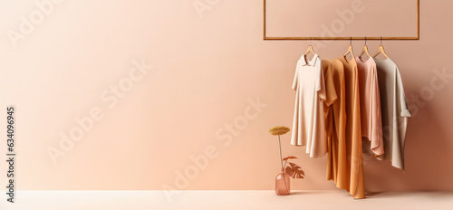 Fashionable capsule wardrobe in beige and white colors on a hanger. copy space. 