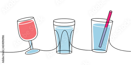 Set of glass cups one line colored continuous drawing. Empty glass cups continuous one line illustration. Vector linear illustration.