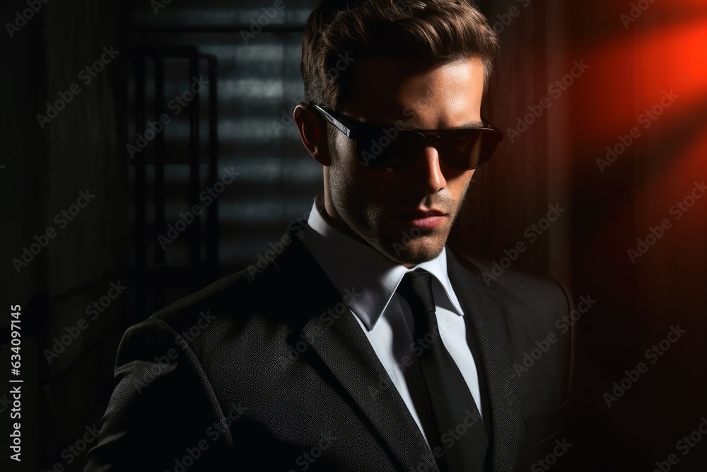 A secret agent in a suit and dark sunglasses. - obrazy, fototapety, plakaty 