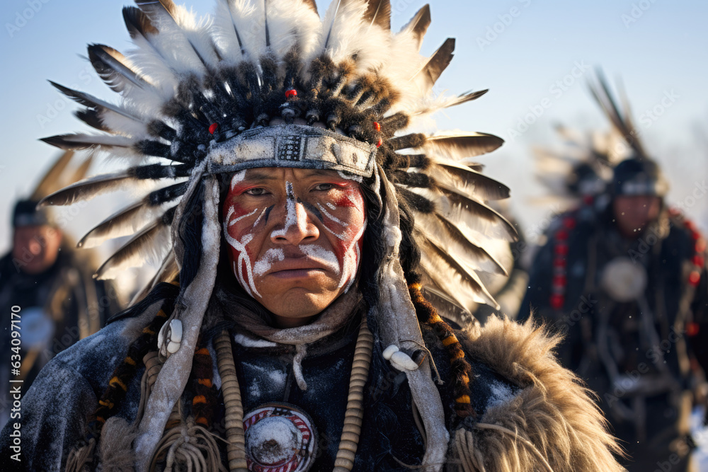 Man wearing a traditional Native American headdress. The headdress is made of white feathers with black tips
