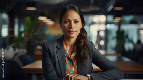 smiling poc aboriginal woman with long black hair, charcoal suit and colorful shirt in office portrait