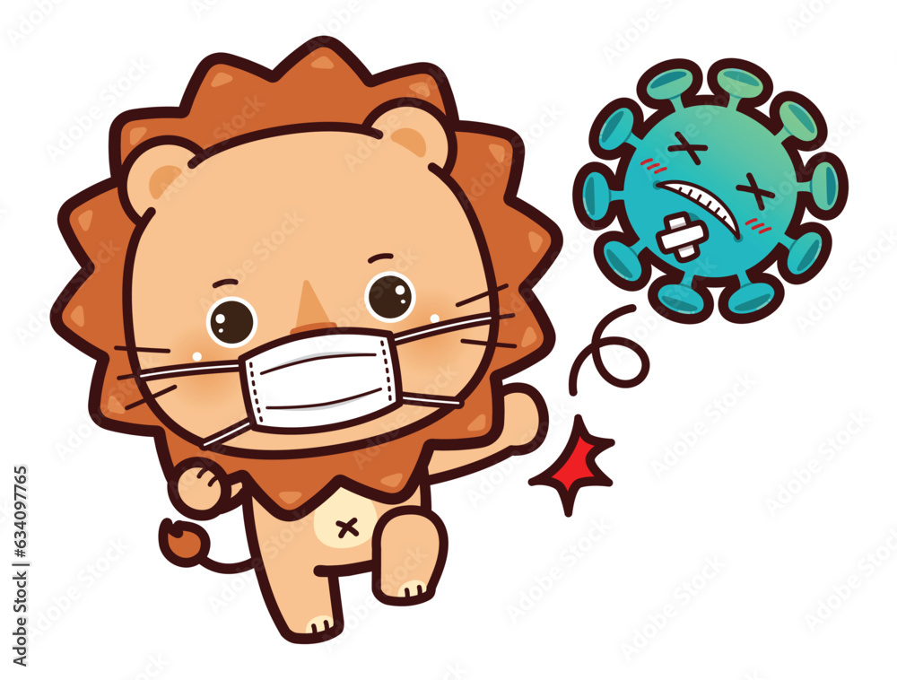 Cute little lion wearing a Medical mask for prevent Corona virus and fighting virus Cute little lion wearing a Medical mask for prevent Corona virus and fighting virus