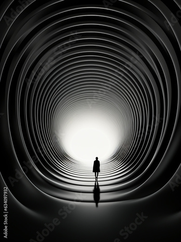 Mystical outdoor landscape with silhouette of person and light through tunnel. AI generated