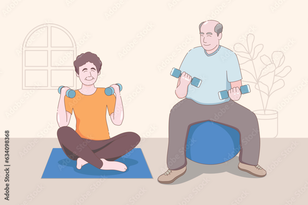 Elderly couple practicing yoga, Grandparents doing exercises, Sport, Morning exercises, Cartoon vector illustration. Elderly couple practicing yoga, Grandparents doing exercises, Sport, Morning exercises, Cartoon vector illustration.