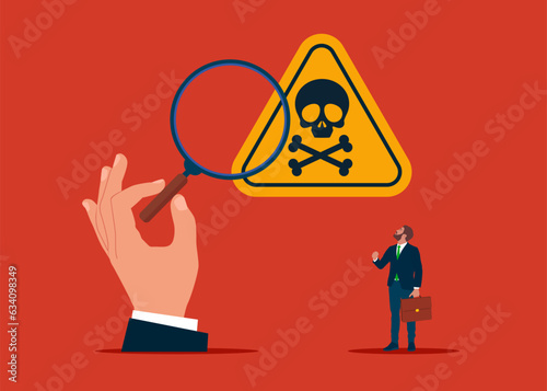 Analyst using magnifying glass to analyze danger sign. Research and leadership skill to find solution. Vector illustration