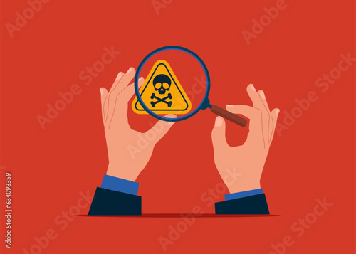 Analyst using magnifying glass to analyze danger sign. Flat vector illustration