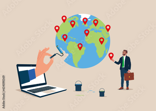 Business people holding paint roller and painting world map  new branch pin on world map across globe.. Global business expansion  open company branches. Flat vector illustration.