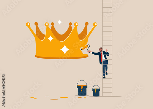 Narcissism businessman climb up ladder holding paint roller and painting crown. Narcissist people, extreme self involvement too much confident disorder, proud attitude photo