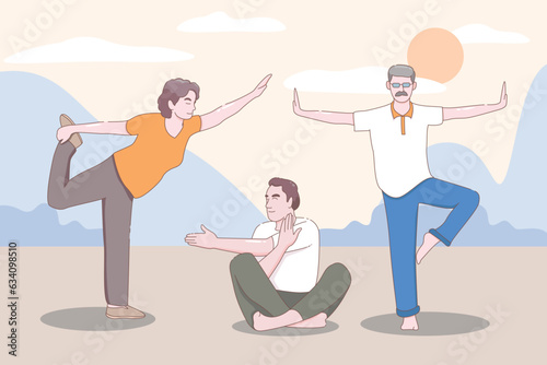 Elderly couple practicing yoga, Grandparents doing exercises, Sport, Morning exercises, Cartoon vector illustration.