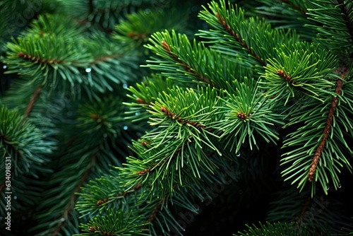 Close Up of Pine Needles on a Tree Branch. Nature's Green in a Winter Forest of Pine, Fir, Spruce, and Christmas Trees. Generative AI