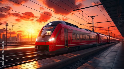 Commuter Train at the Railway Station. Beautiful Red Train in Motion with Stunning Sunset in the Background. Generative AI
