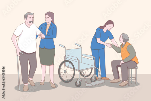 elderly care, old people care activities, prescribes treatment. Vector characters flat cartoon.