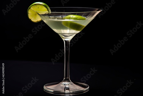 Coupe Glass with Classic Gimlet Cocktail and Lime Garnish. Isolated on Dark Grey and Black Background. Perfect Adult Beverage. Generative AI