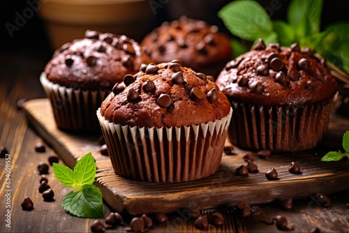 Decadent Chocolate Muffins on a Rustic Wooden Background. Delicious Homemade Dessert with Rich Cocoa and Traditional Flavors. Generative AI