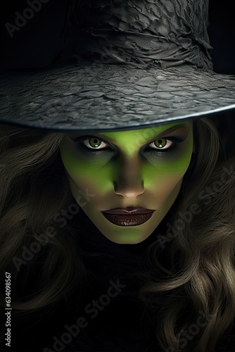 Halloween Portrait of a Wicked Sorcerer Witch with Green Skin and a Hat, with Elaborate Make-Up. Generative AI photo