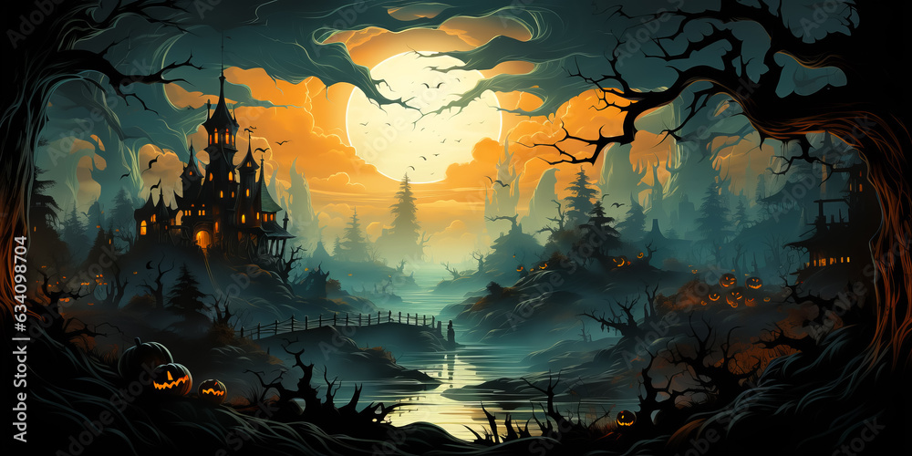 Old Wooden Haunted house with pumpkins in spooky dark forest. Full moon. Halloween concept
