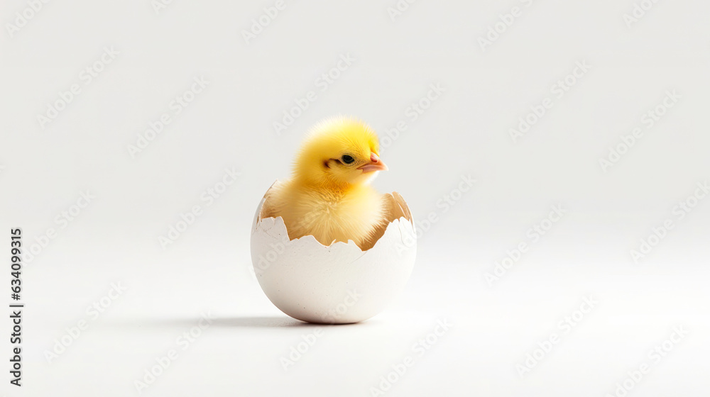 small yellow chicken in a shell on a light background. postcard with copy space, easter concept.  - obrazy, fototapety, plakaty 