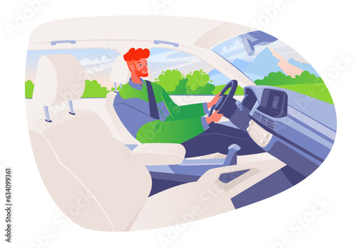 Young man riding in his car driving. Concept of traveling, tourism or person is traveling on his business or to work. Interior of car interior inside view from side. Vector illustration 