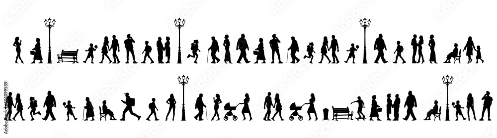 Vector illustration. Silhouettes of men and women of different ages. Big set of people.