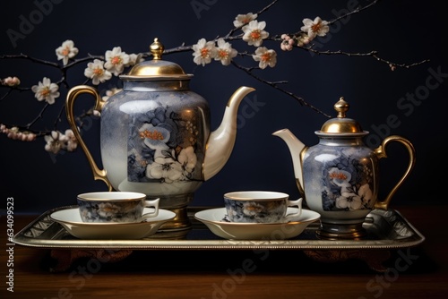 tea set on a tray with a vintage teapot and cups