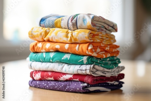stack of cloth diapers in various colors and patterns