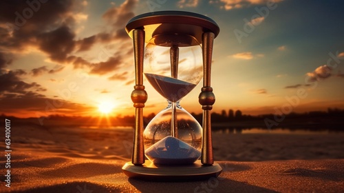 An hourglass in the golden hour of sunset. Created using Generative AI technology.