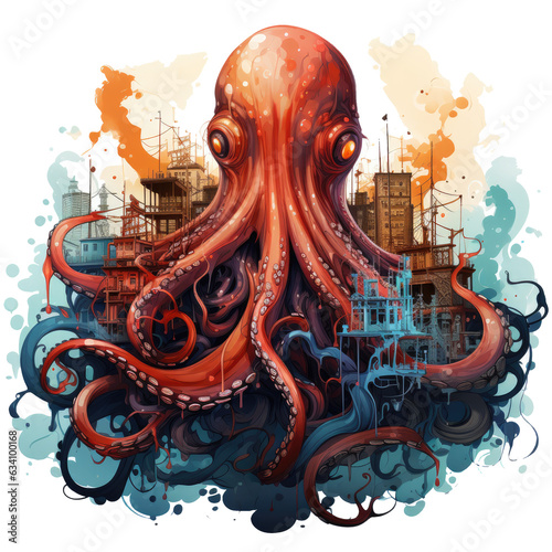 A dynamic Octopus graphic t-shirt design depicting an octopus in an urban cityscape, colorful vector, Generative Ai