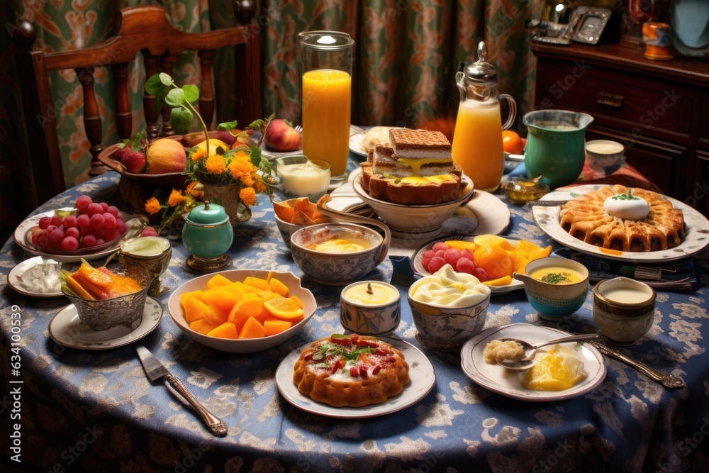 a table set with a variety of breakfast foods