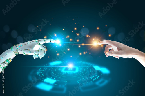 Human, Robot hands touch connect on binary code big data world network background. Smart AI Machine learning, Chatbot concept. Technology Artificial Intelligence for science, business, innovation