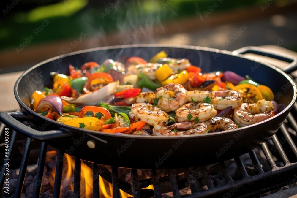 wok on outdoor grill, cooking seafood medley