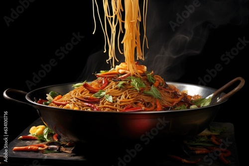 wok with chopsticks lifting noodles, close-up